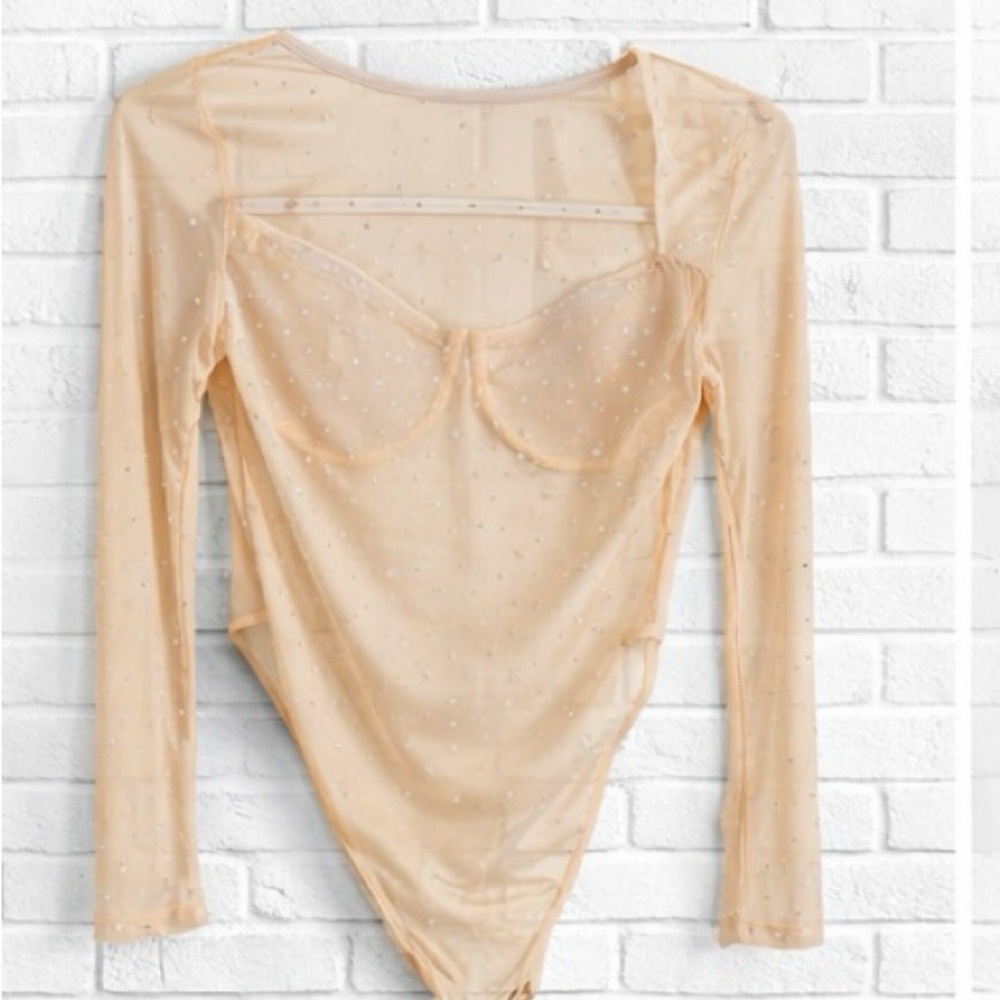 SHEIN Nude Sheer Long-Sleeve Embellished Bodysuit